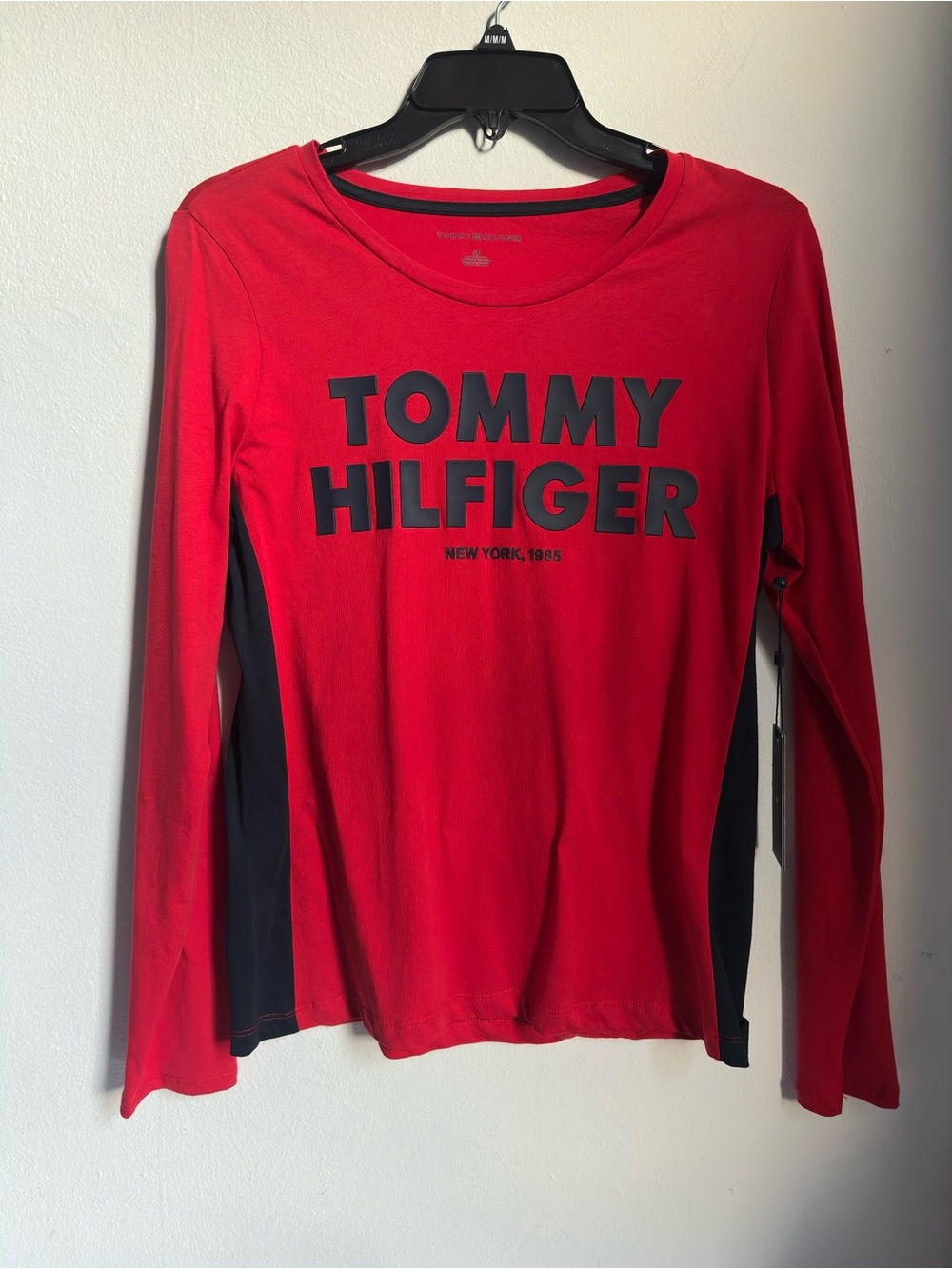 Tommy Hilfiger Red Long-Sleeve Logo Tee with Black Panels